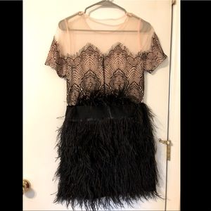 pale pink and black party dress with feathers